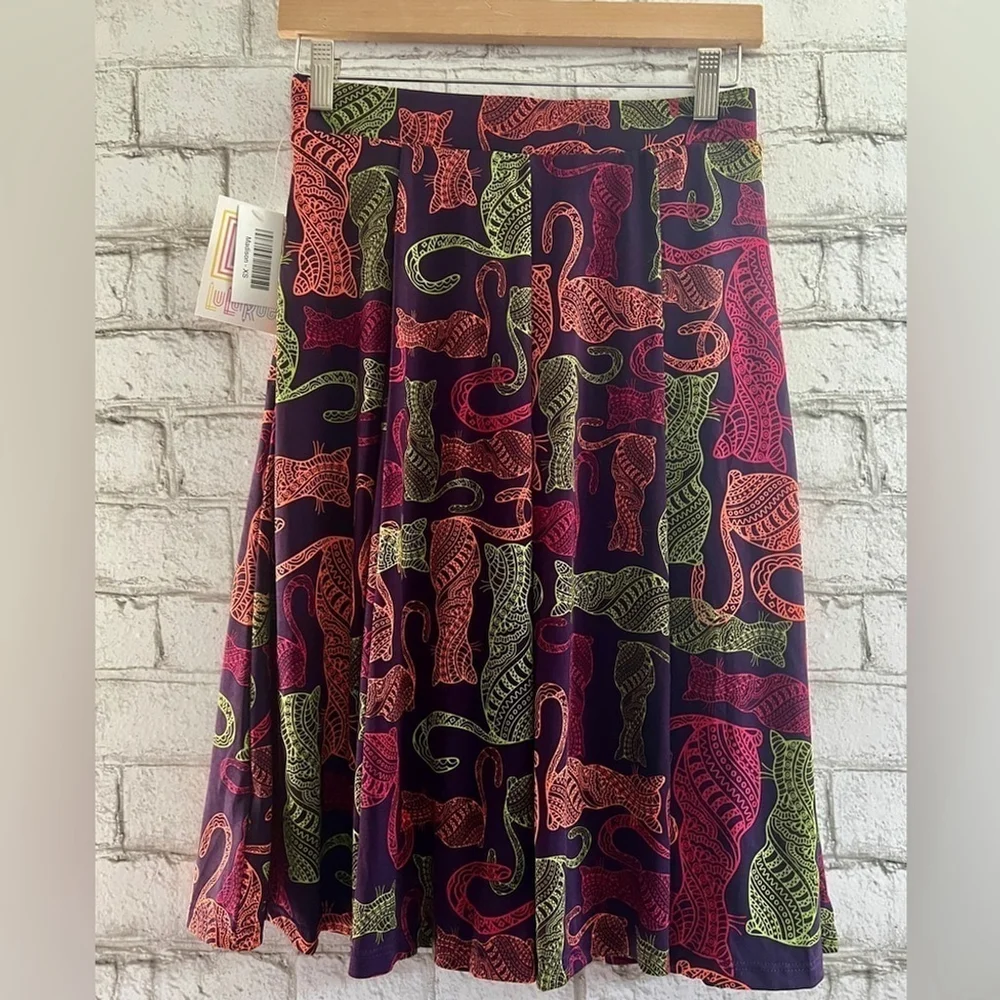 NWT Cat Print Box Pleated Hidden Pocket Skirt Lightweight Size XS Madison